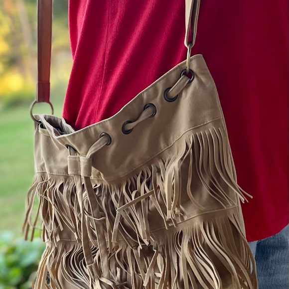 New handmade aztec print bag with drawstring top. Suede shoulder bag unused - Picture 8 of 9